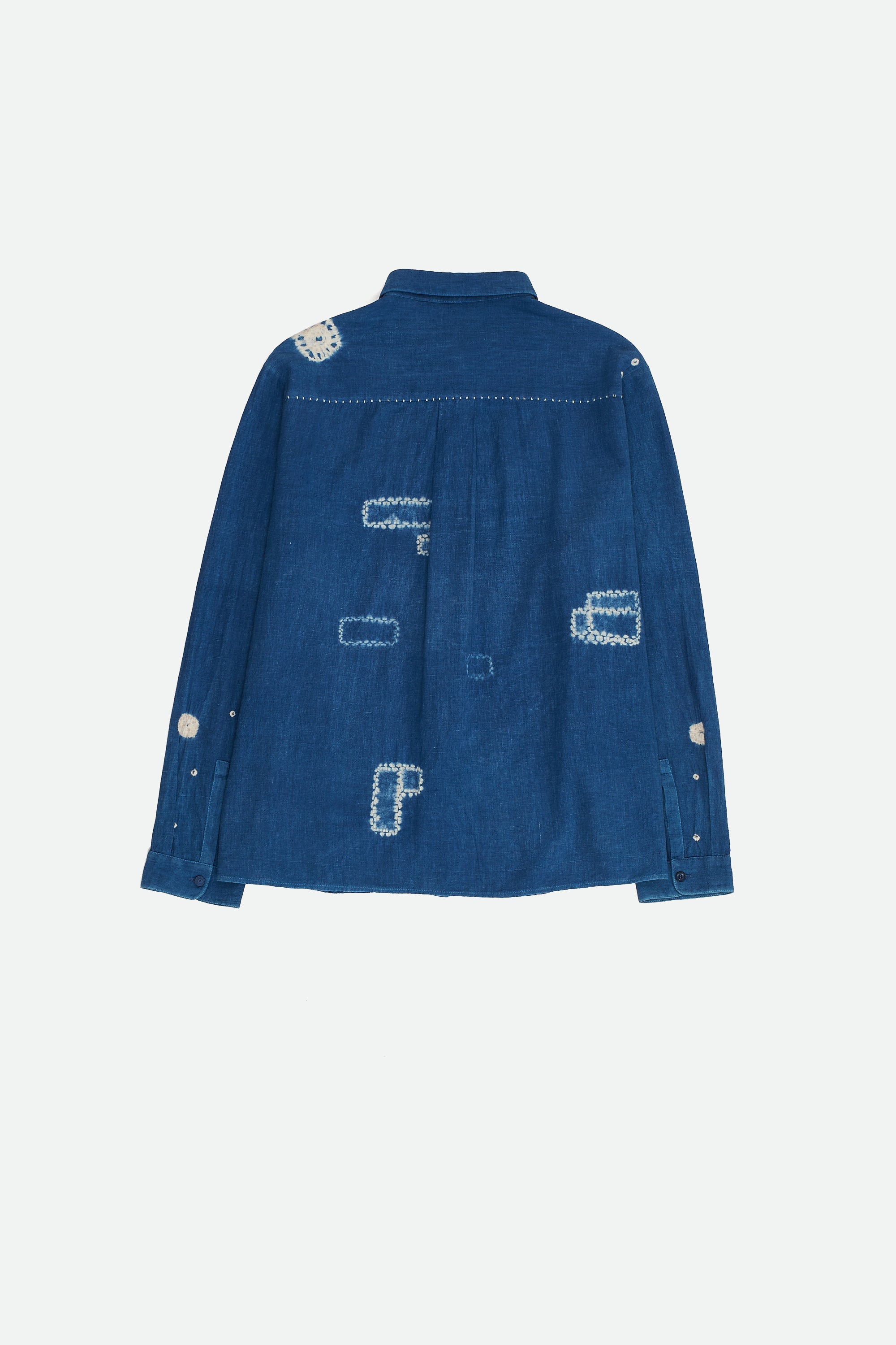 Back image of a medium indigo shirt