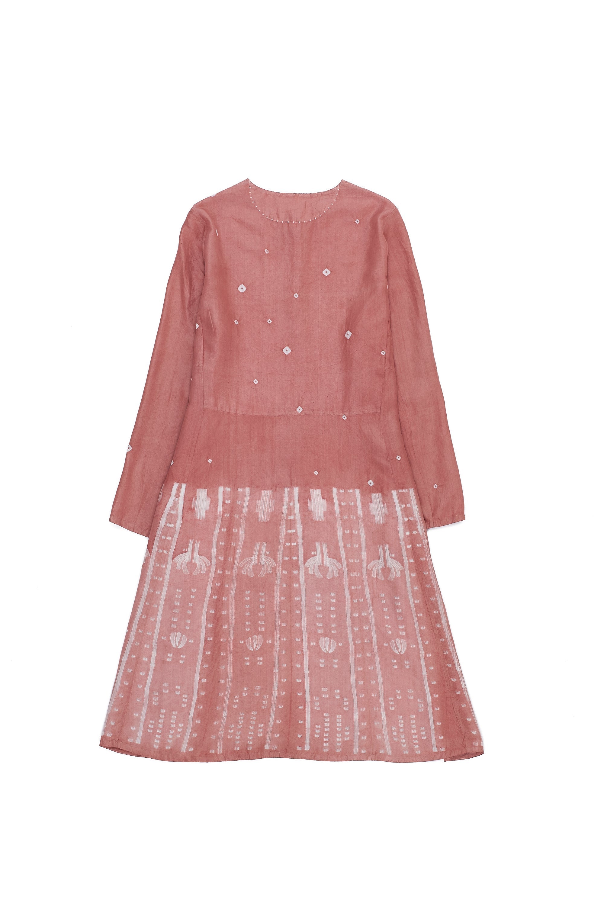 Bandhani And Shibori Silk Dress in Chalk Pink