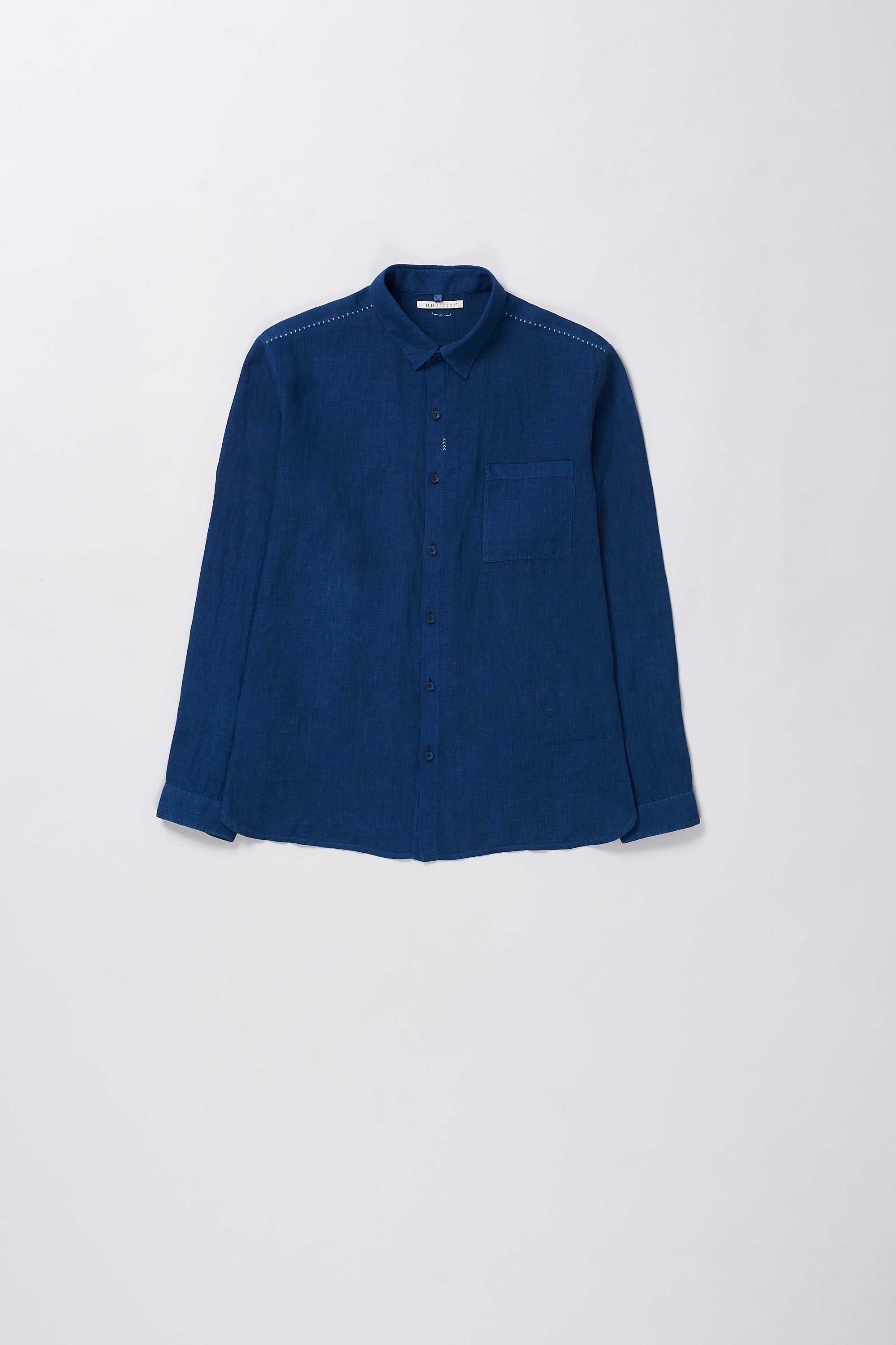 Front image of a medium indigo shirt