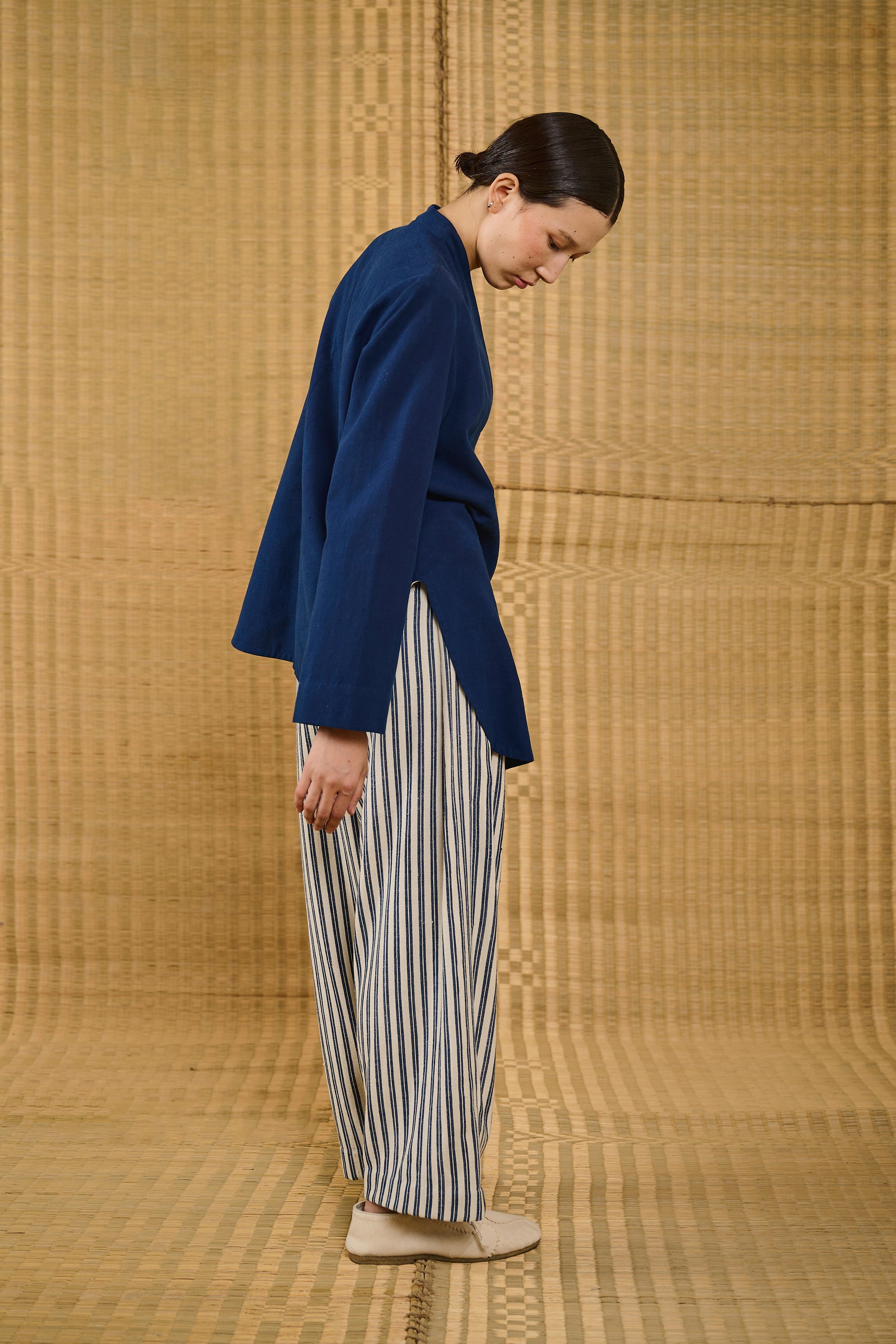 A woman wearing cotton indigo trouser