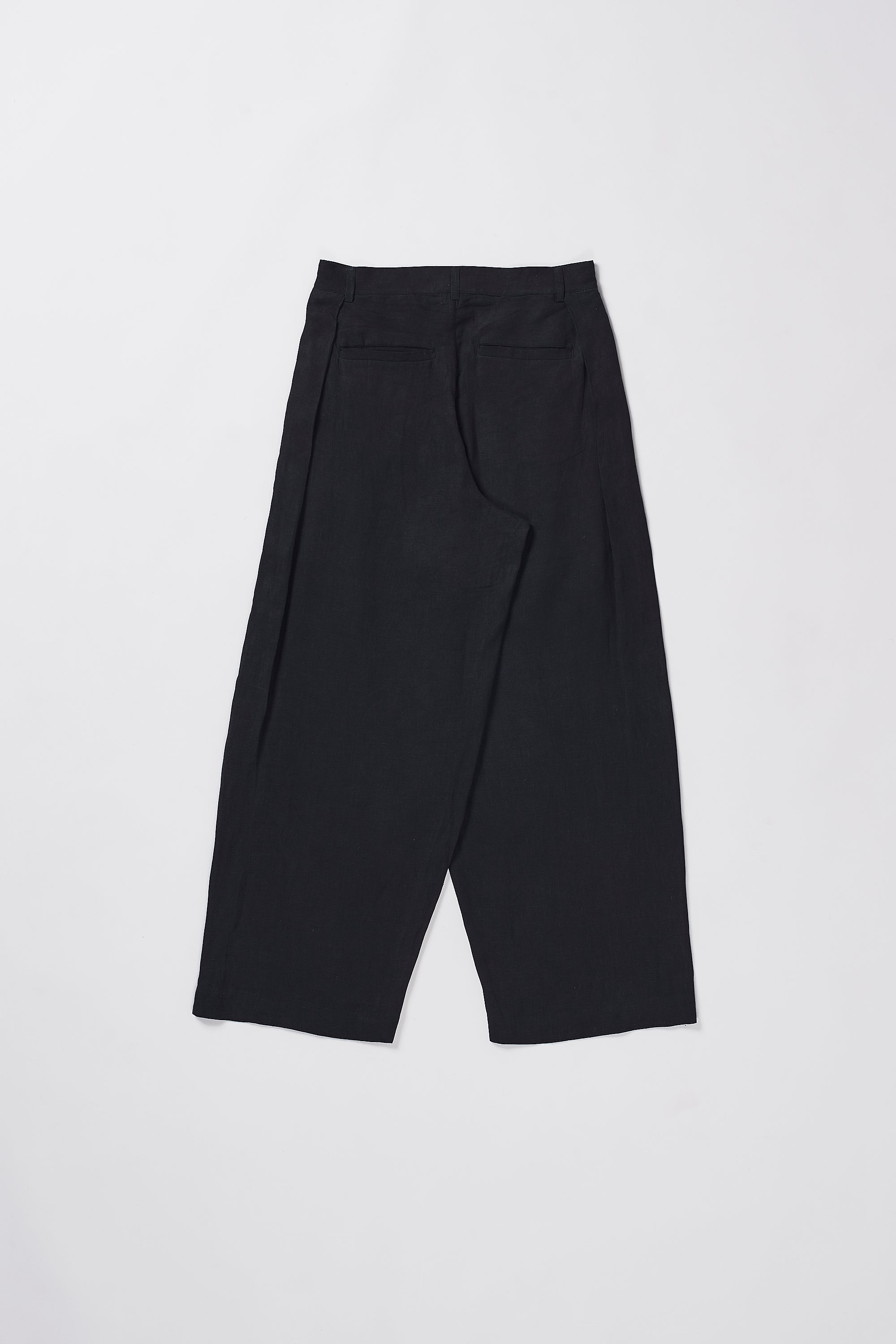 Back shot of black pleated pants on a grey background