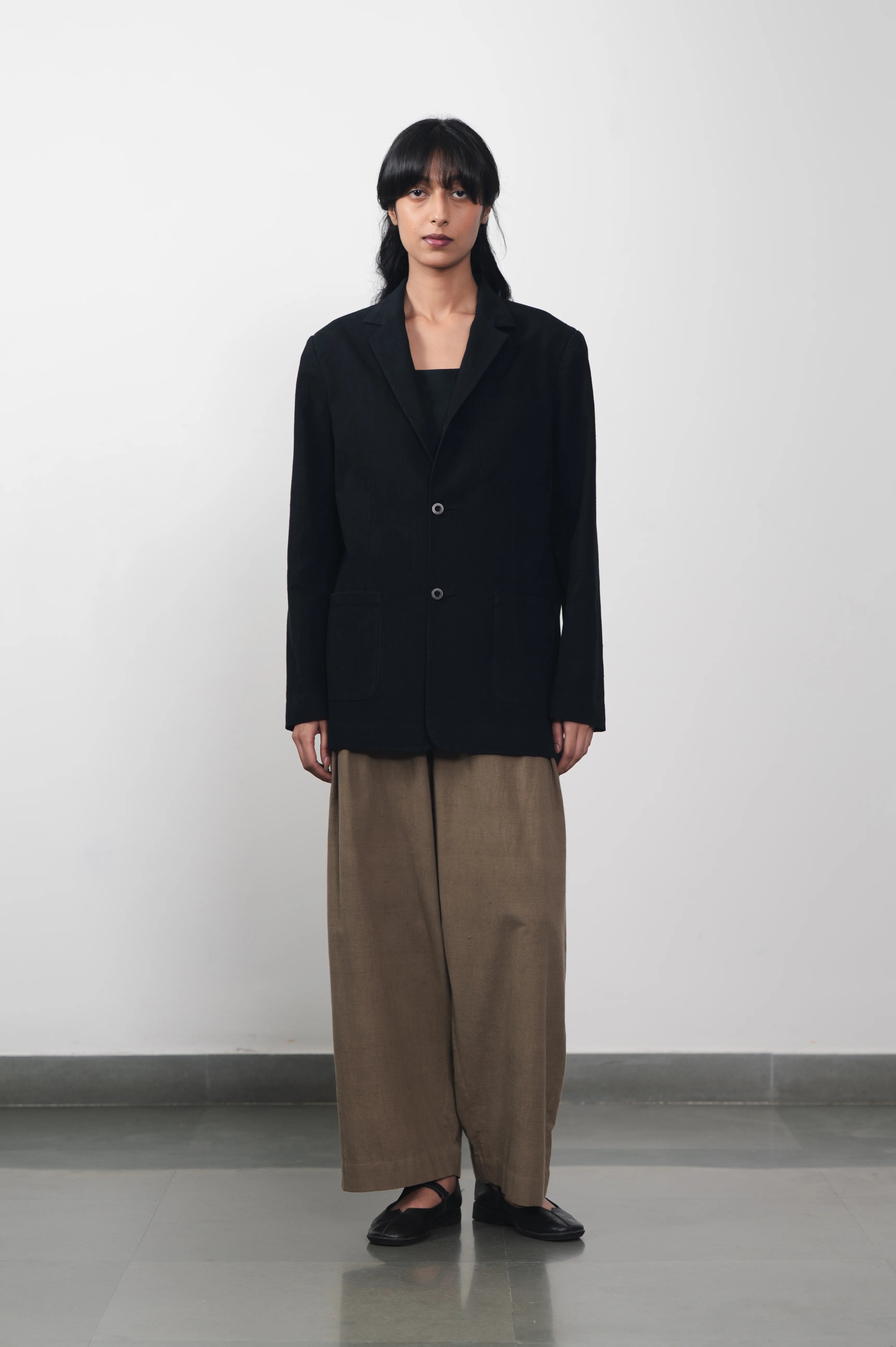 A woman wearing black cotton jacket
