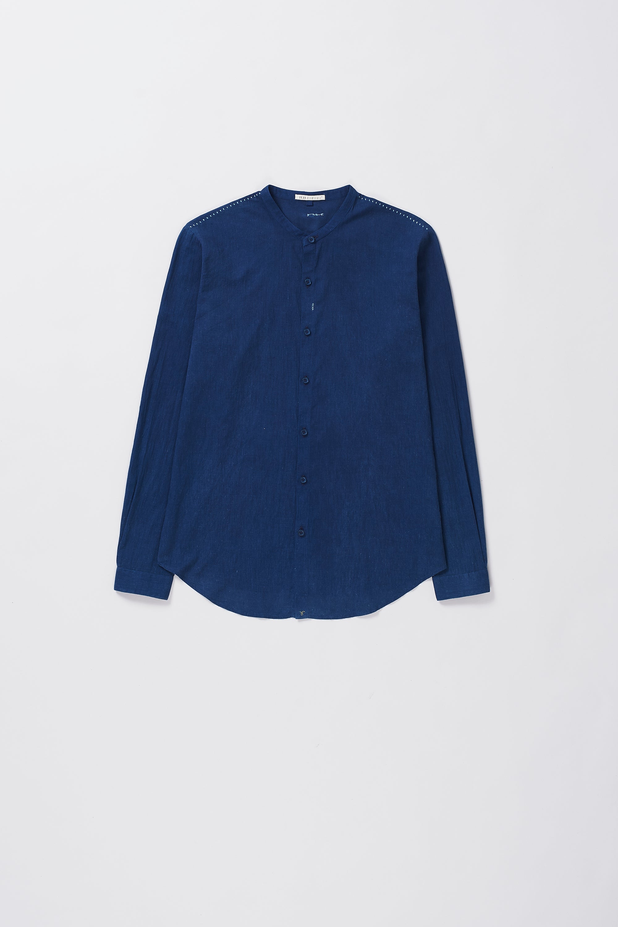 Front image of a medium indigo shirt