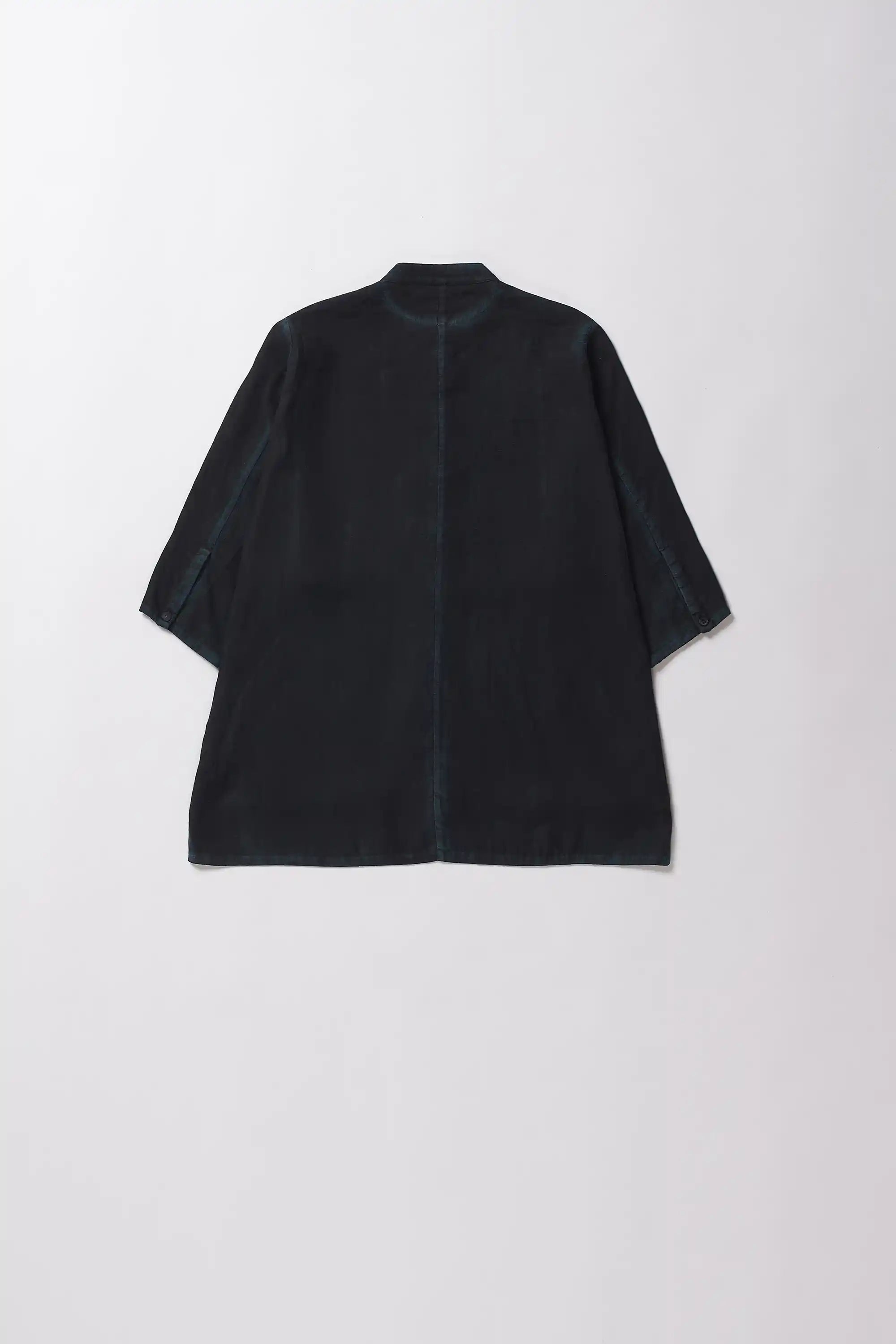 Back image of shirt with a band collar on a grey background