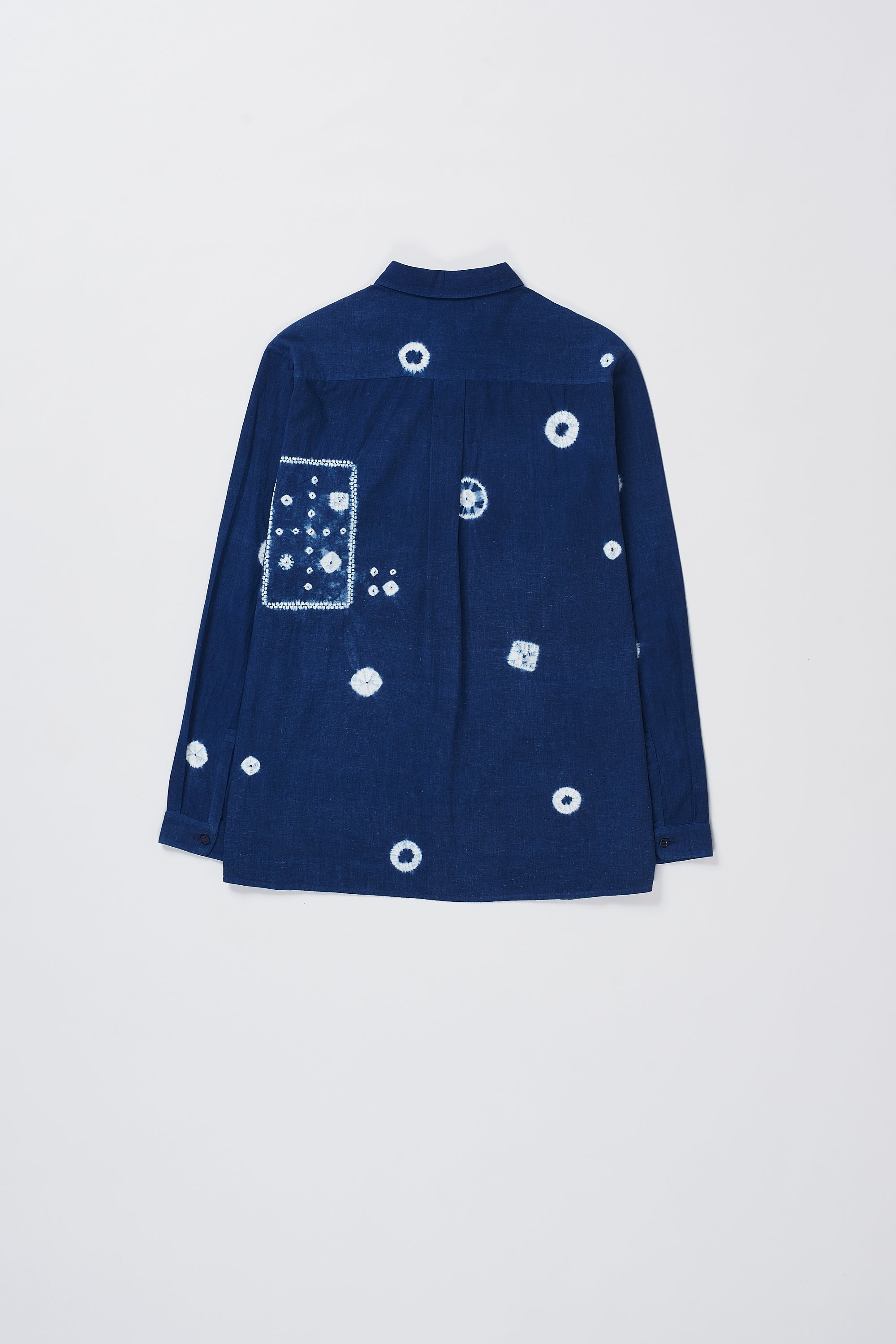Back image of a medium indigo shirt