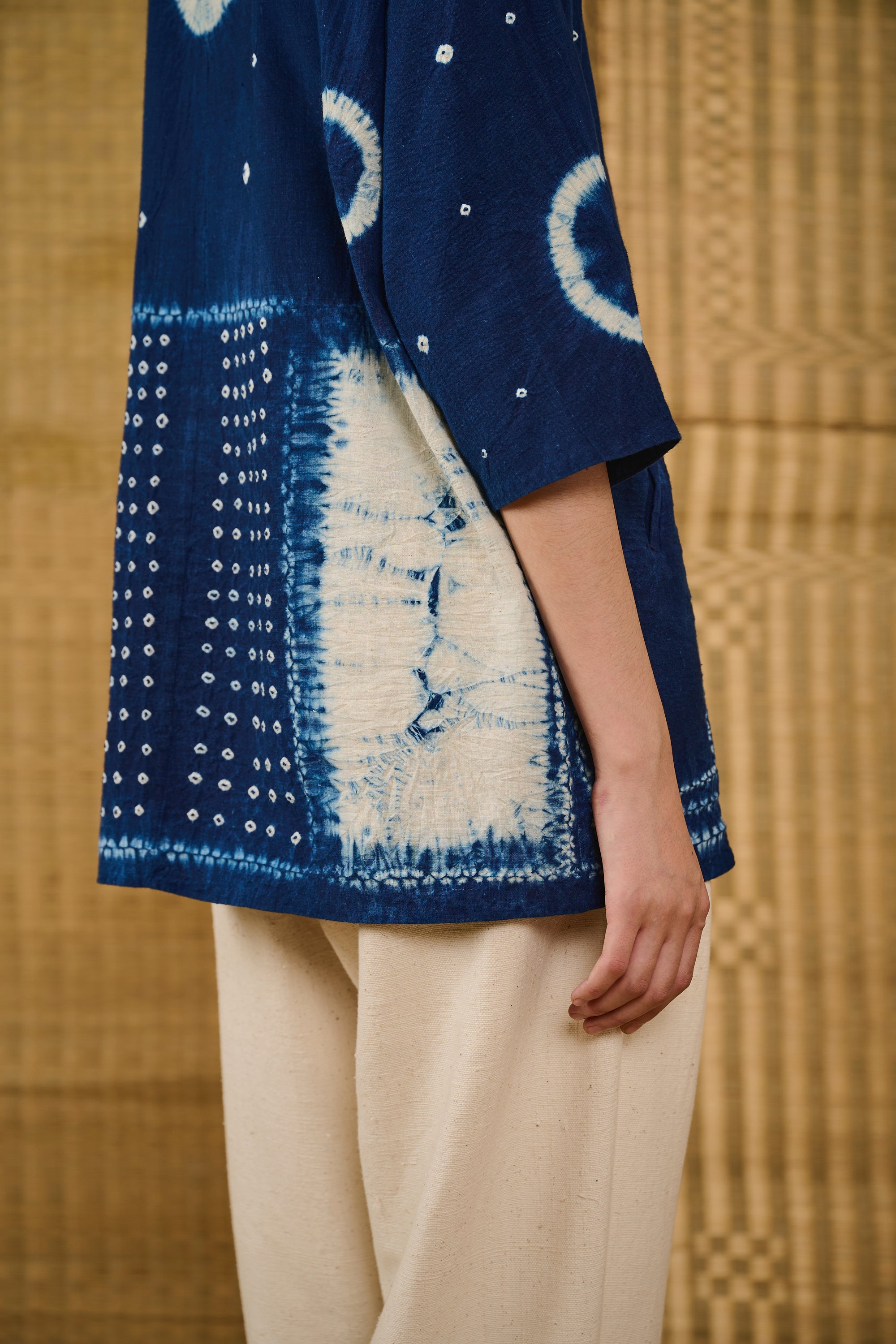 A woman wearing indigo shirt