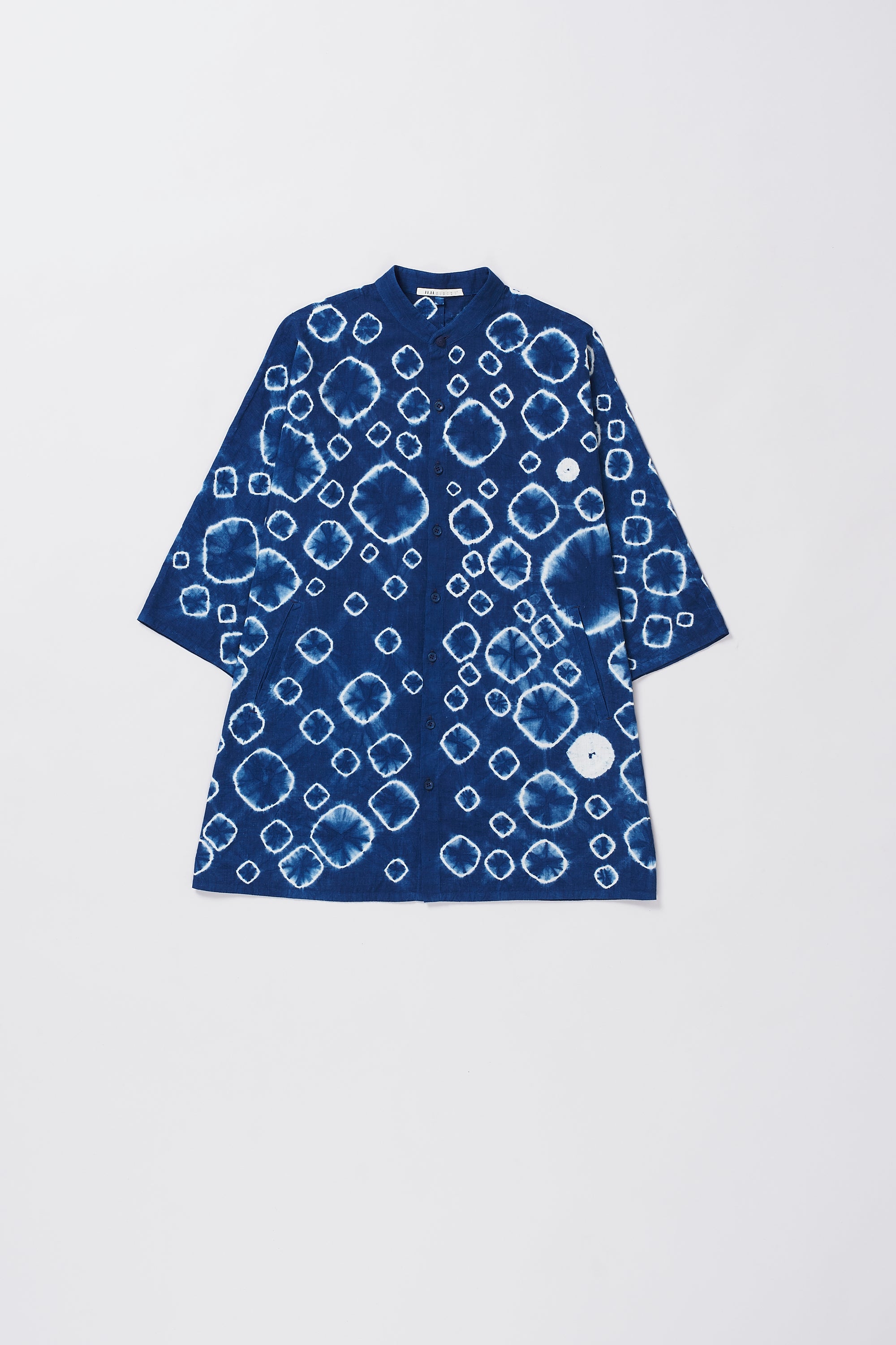 Front image of indigo shibori shirt