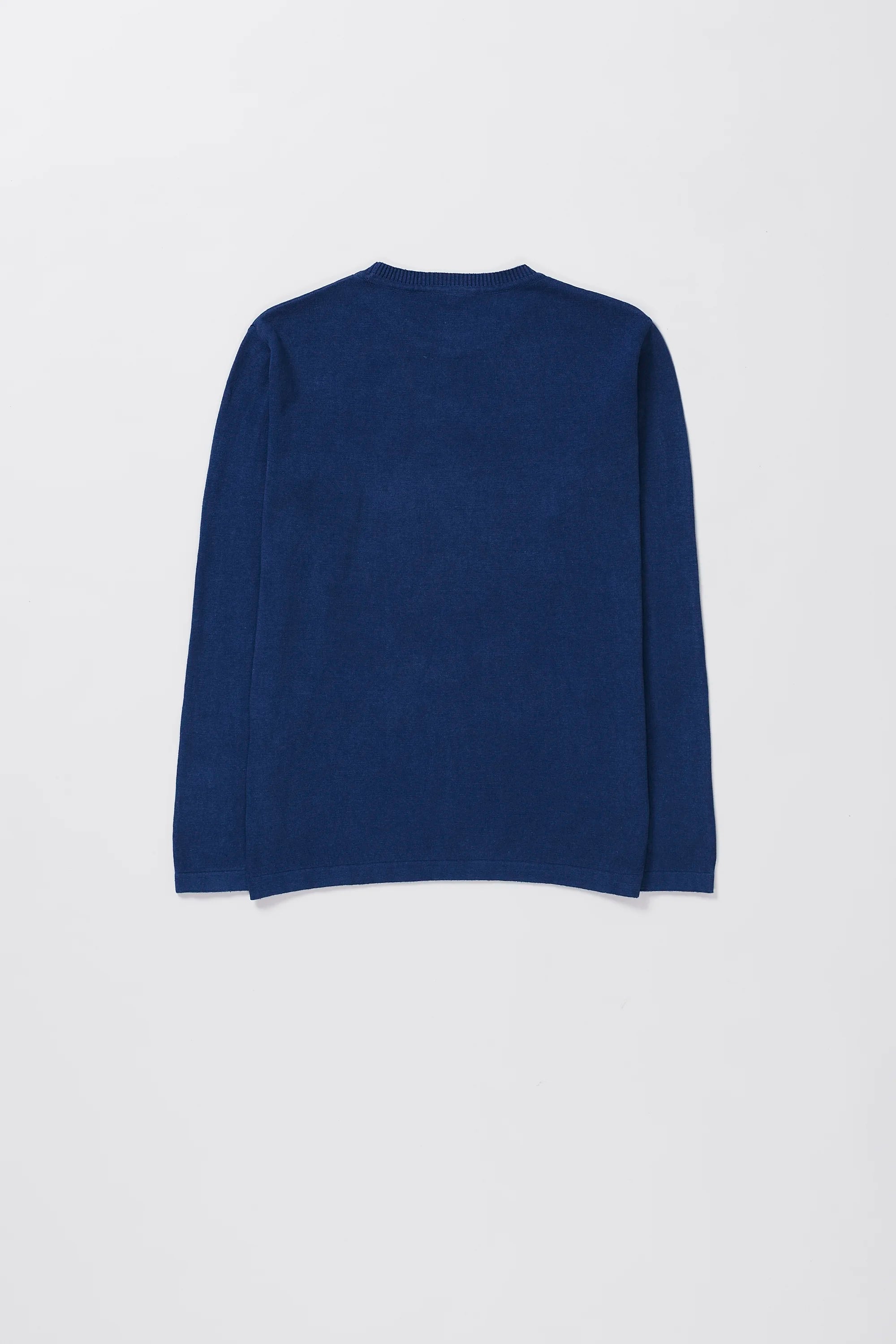 Back image of indigo long-sleeve t-shirt on a grey background