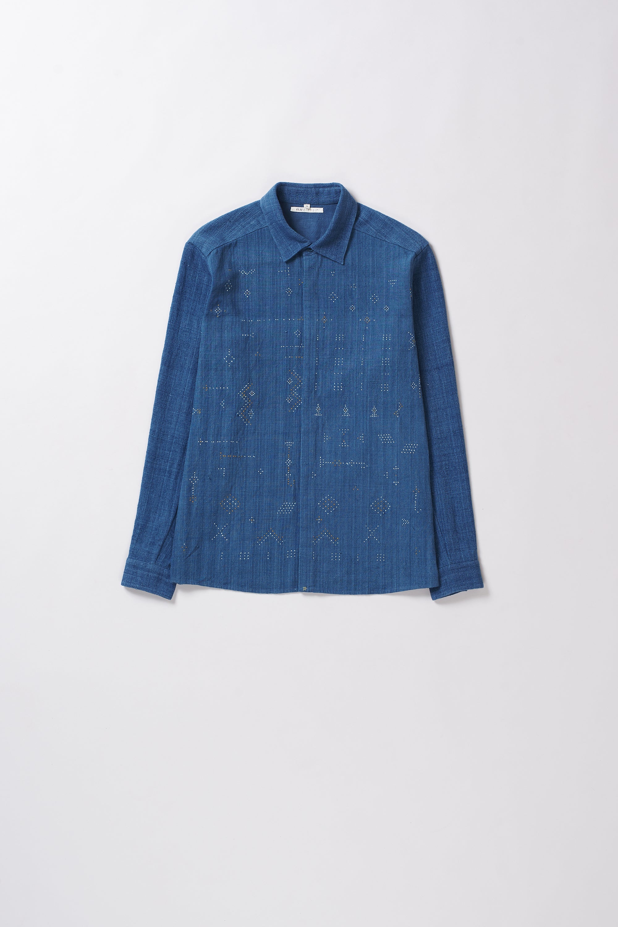 Front image of a medium indigo shirt