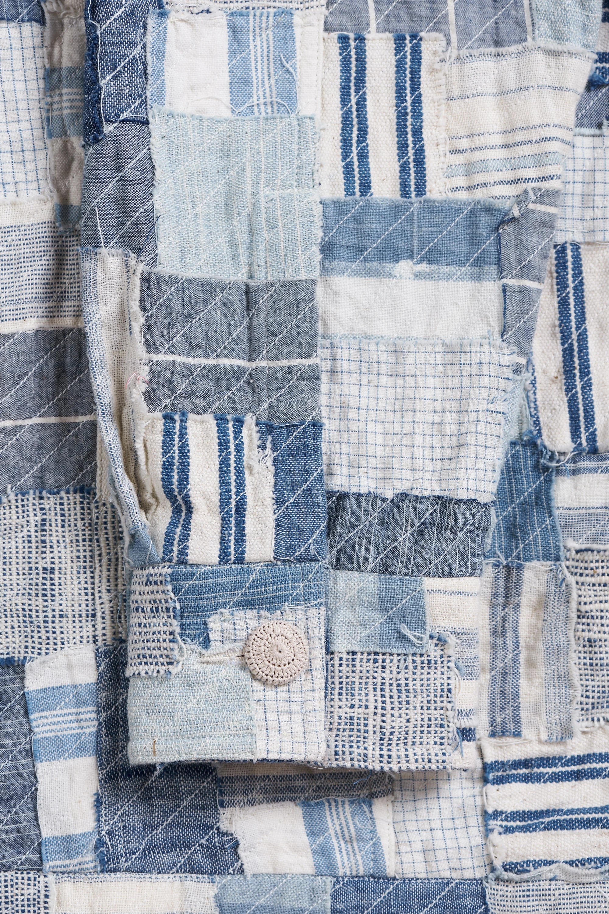 Close-up of a patchwork fabric with blue and white patterns