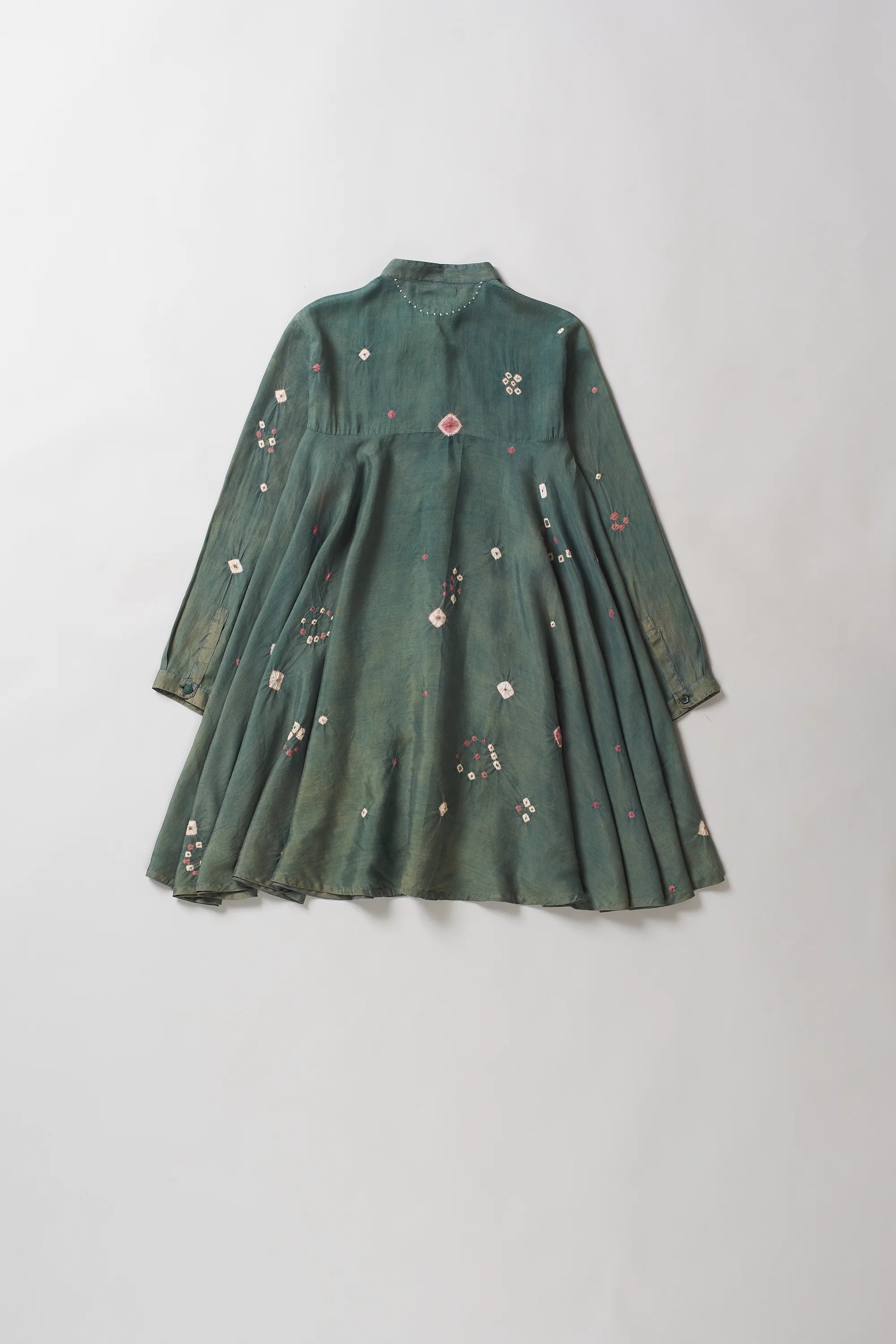 Leaf Green Silk Bandhani Flared Dress