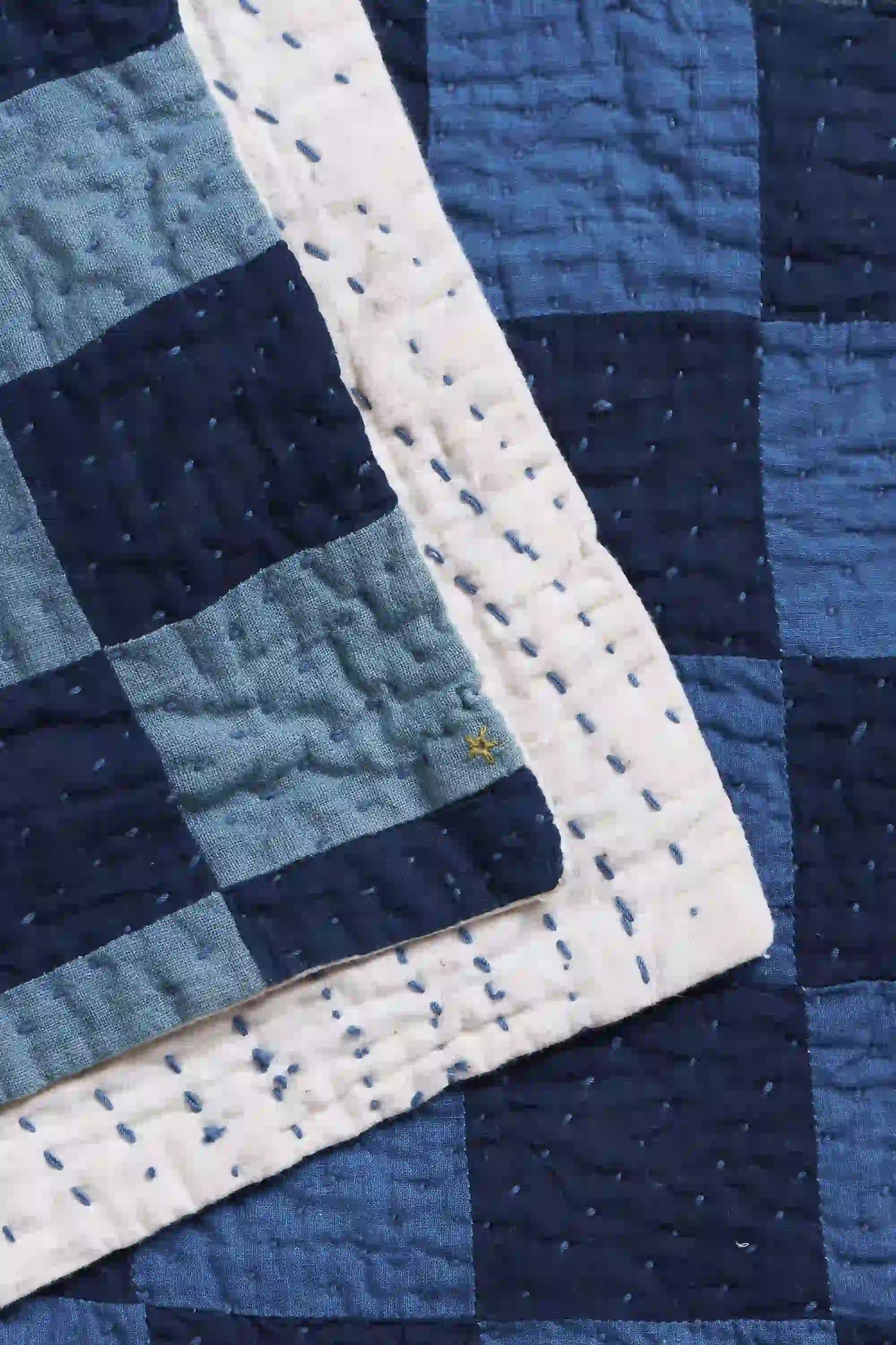 Fabric close-up with kantha work and patchwork