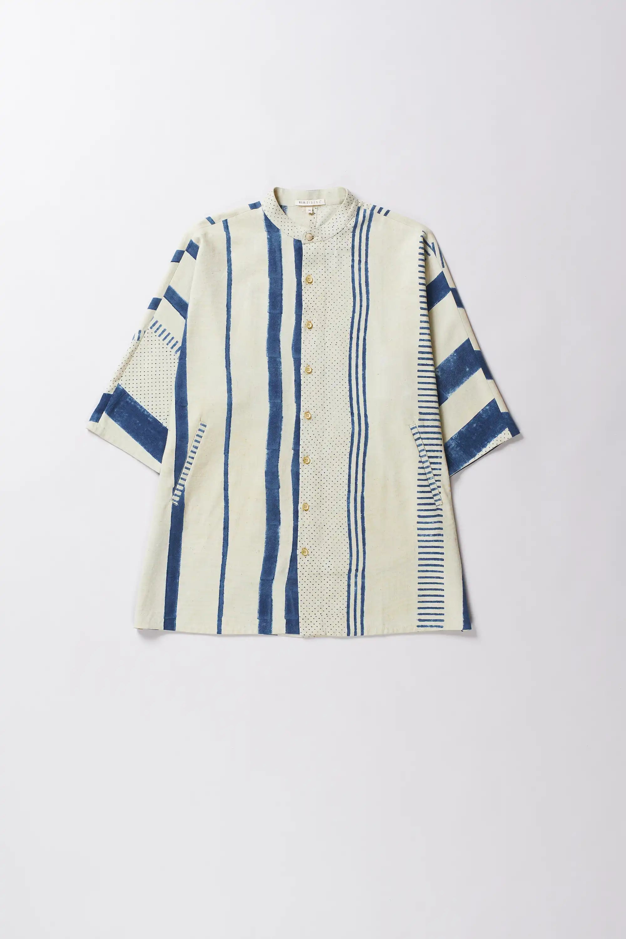 Block Printed Kimono Half Sleeve Shirt in ecru