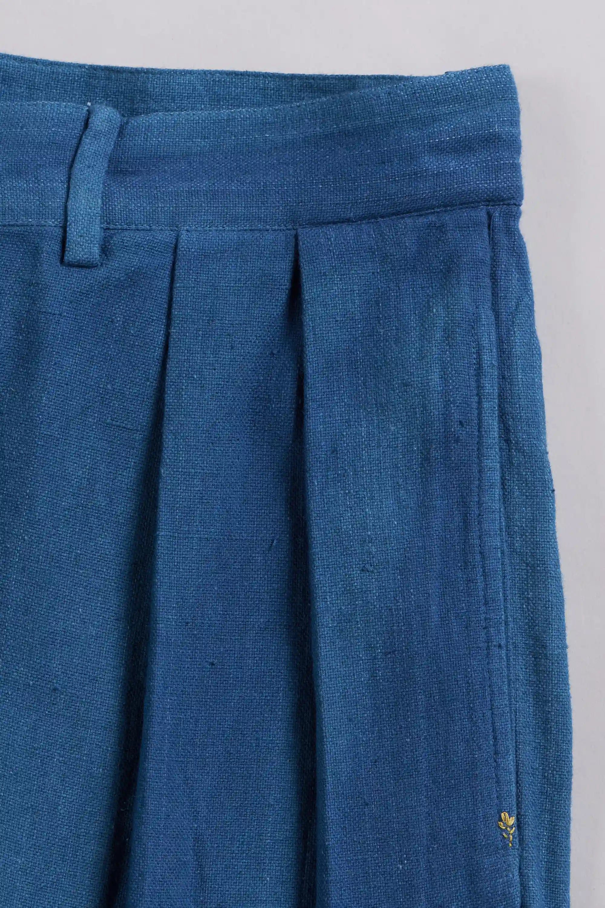 Medium Indigo Pleated Cotton Trousers