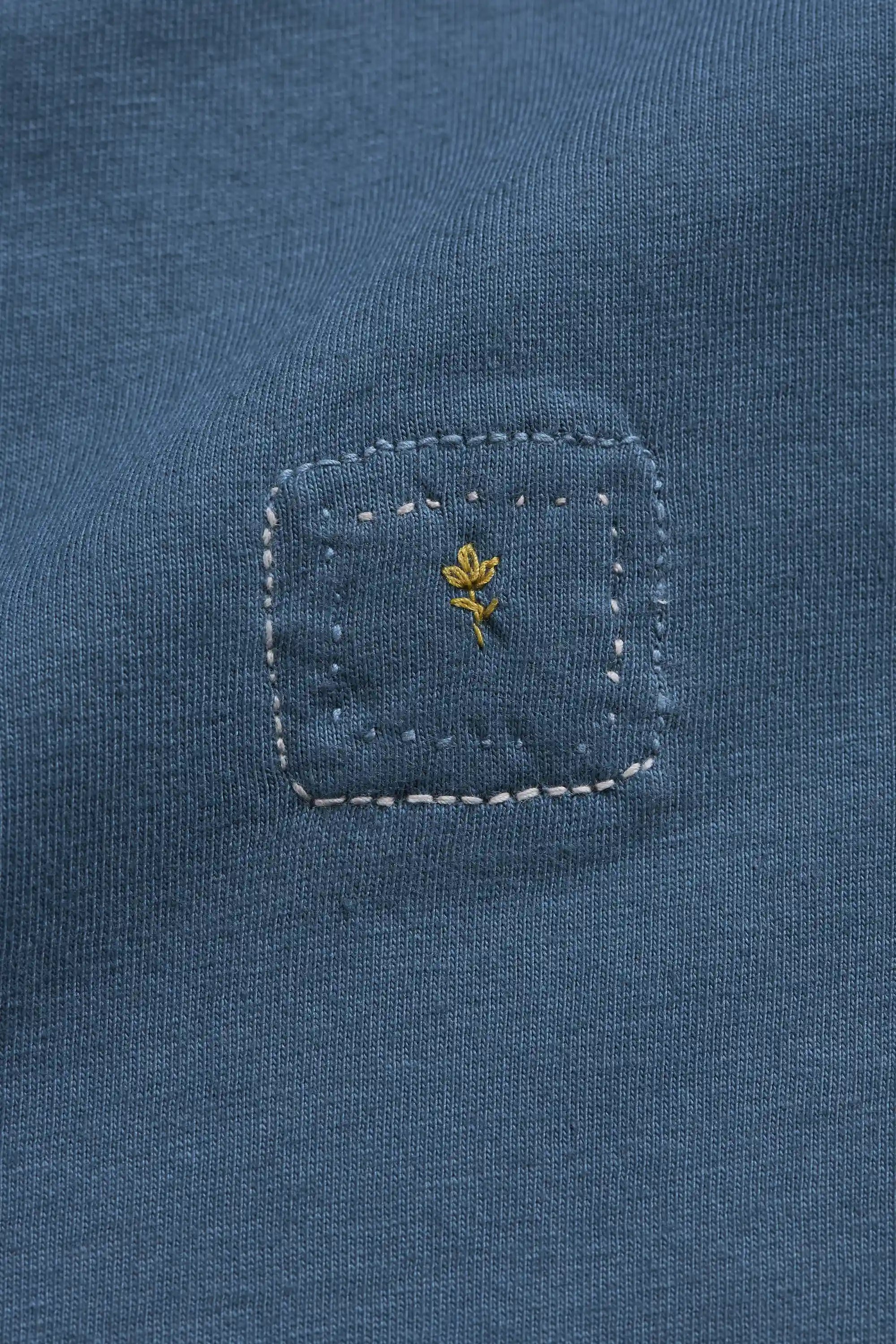 Close-up of a blue fabric with a small pehchan 