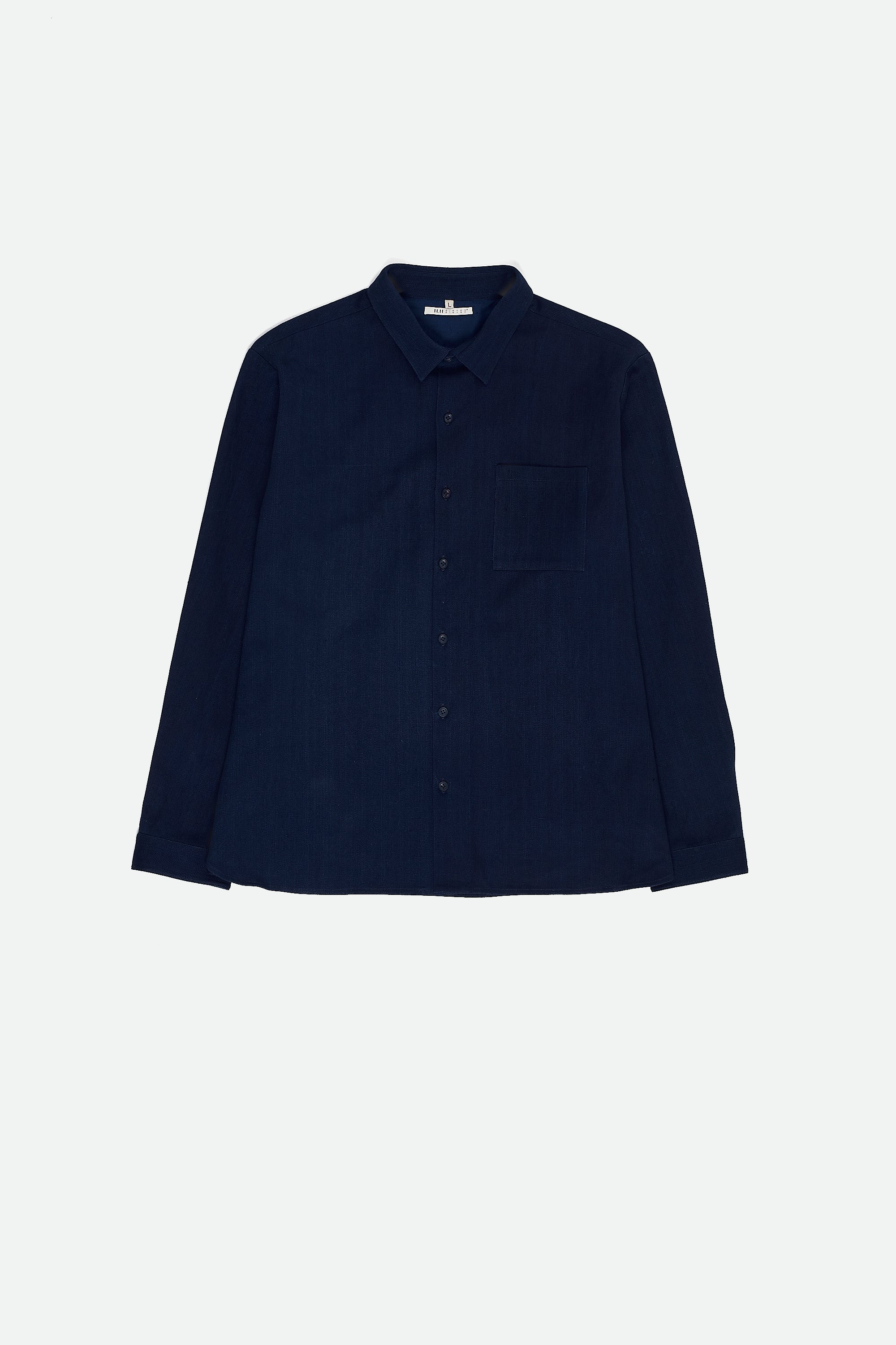 Front image of a indigo cotton shirt