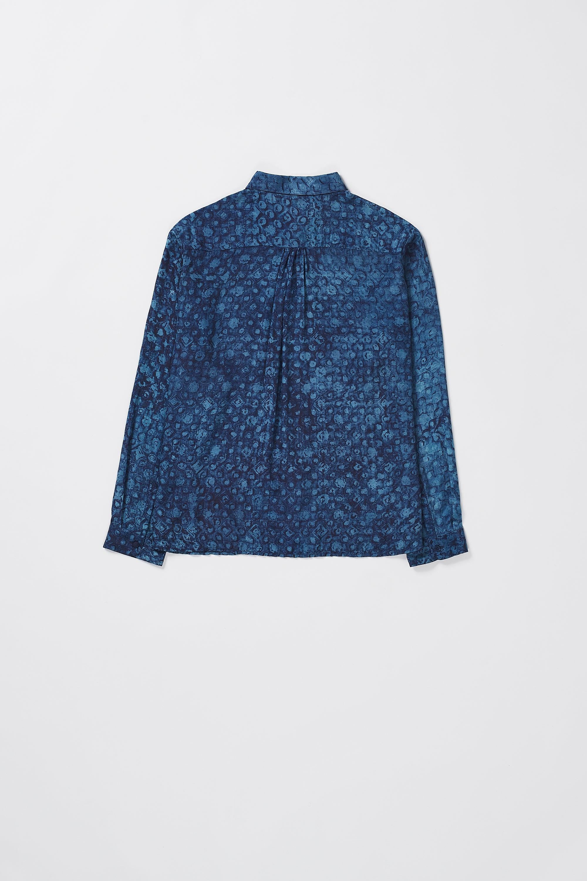 Back image of a medium indigo shirt