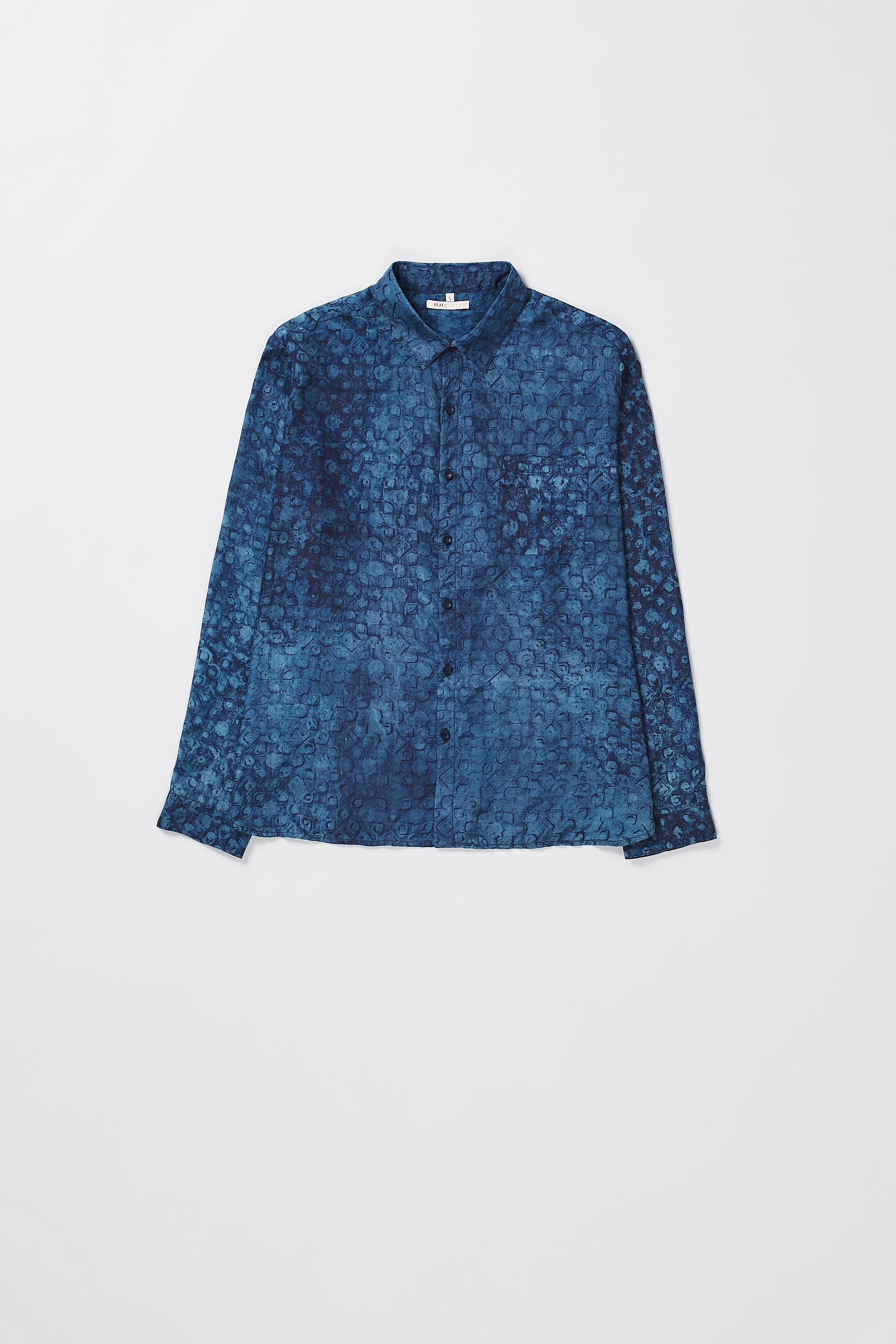 Front image of a medium indigo shirt