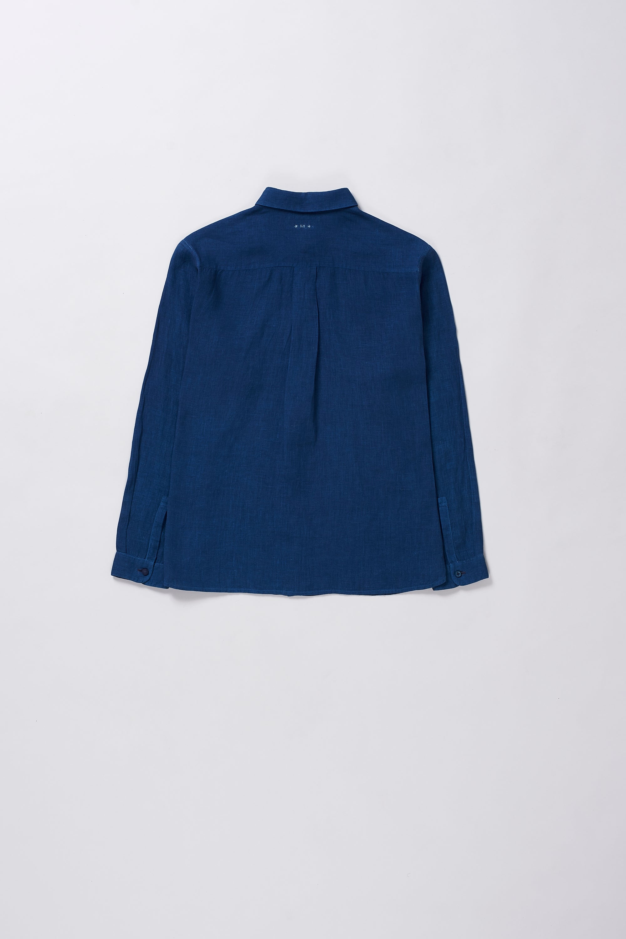 Back image of a medium indigo shirt