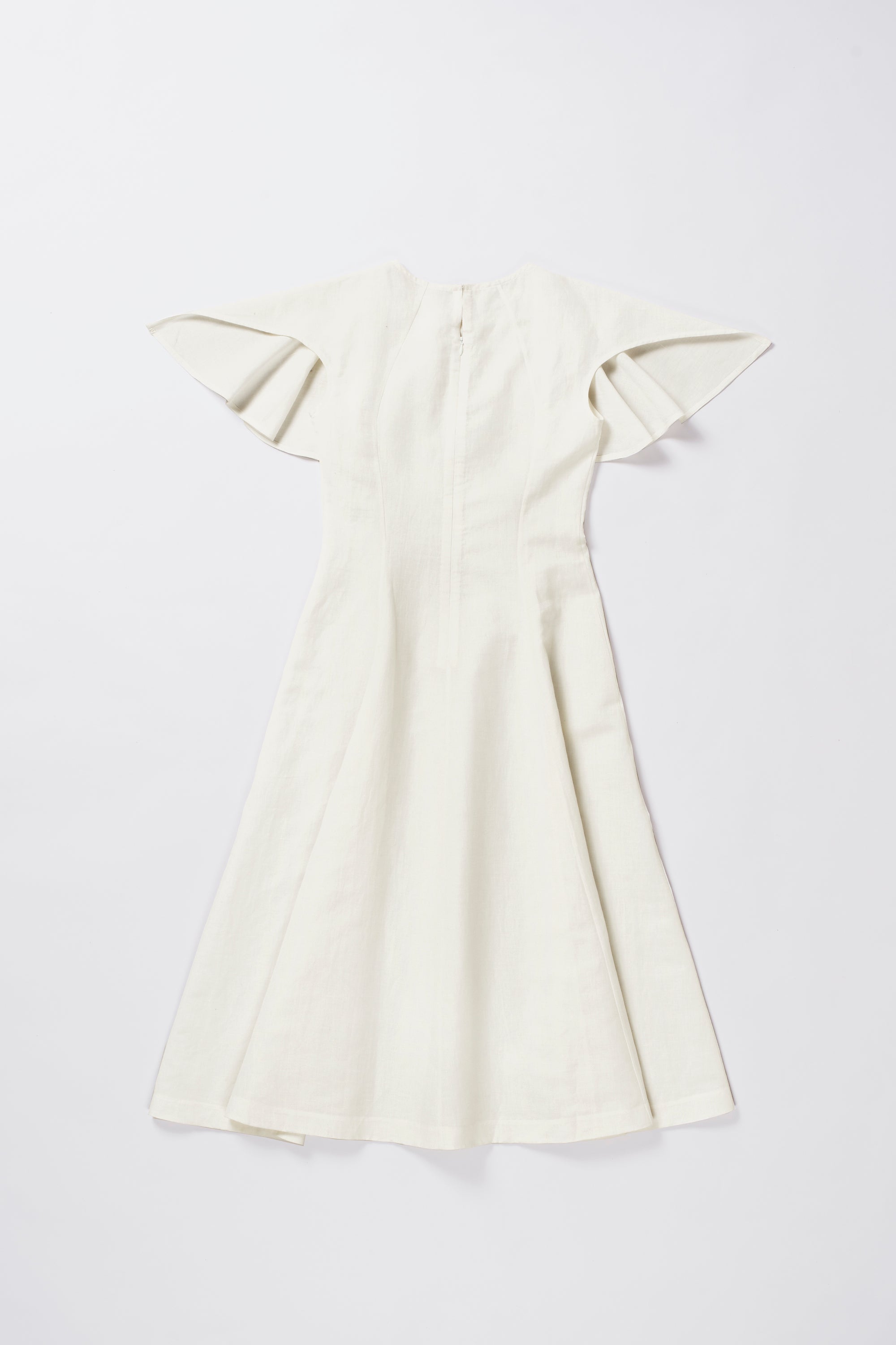 Back image of ecru linen flared sleeves midi dress