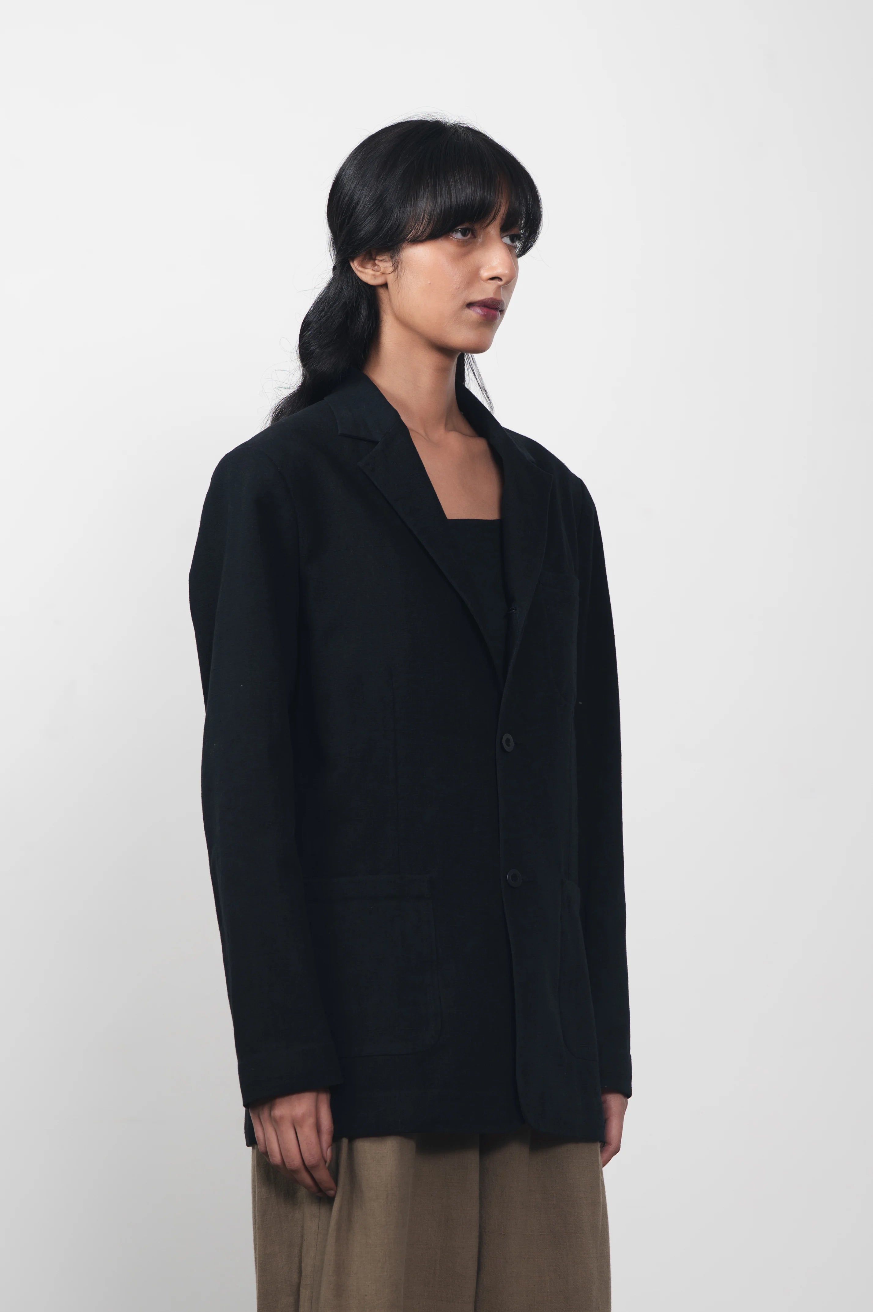 A woman wearing black cotton jacket