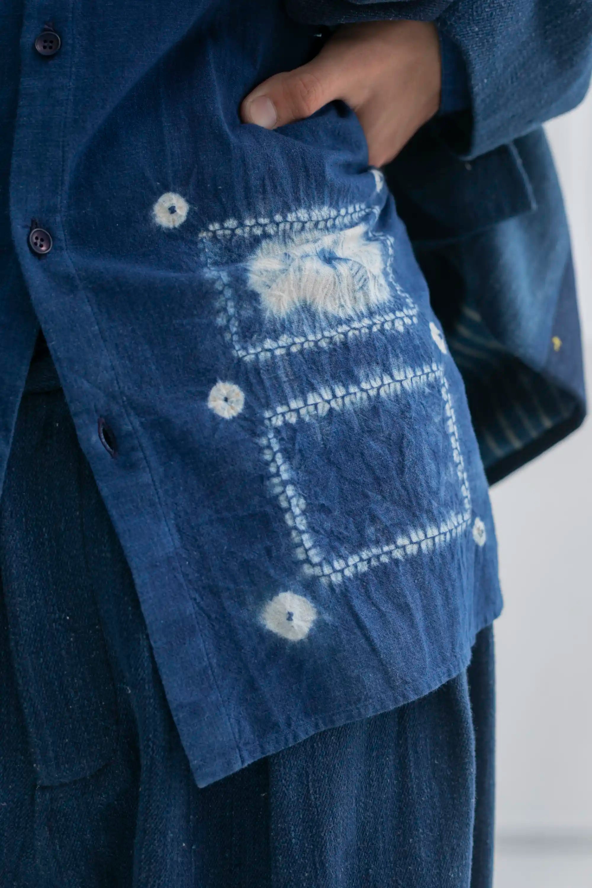 Close-up shot of a man wearing medium indigo shirt