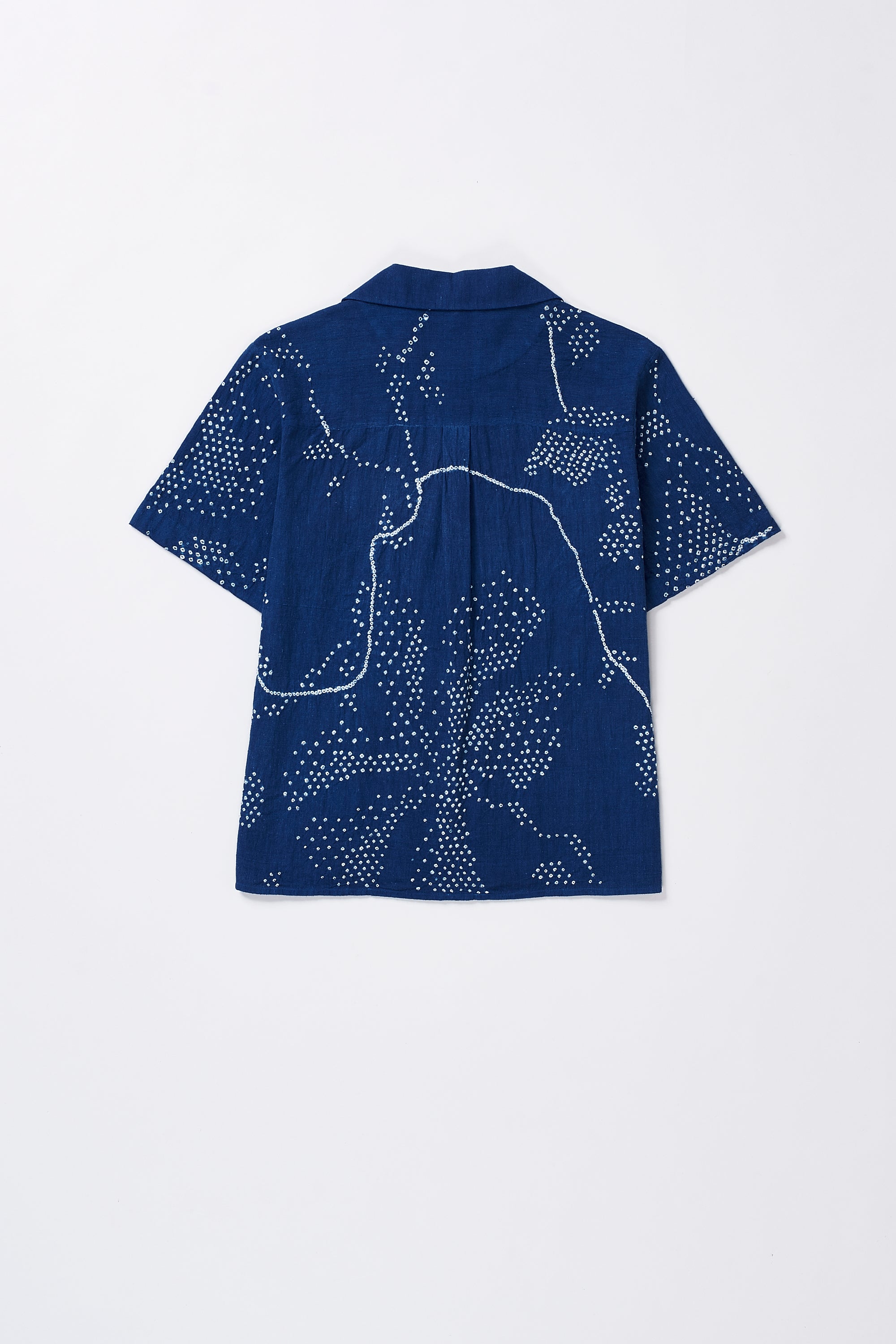 Back image of a medium indigo shirt