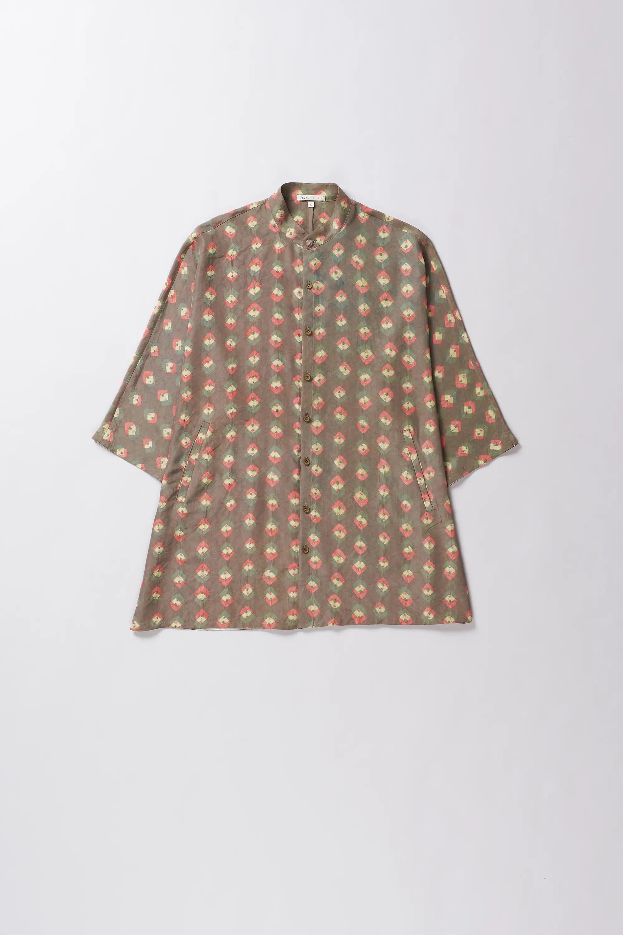 Front image of a silk bandhani shirt