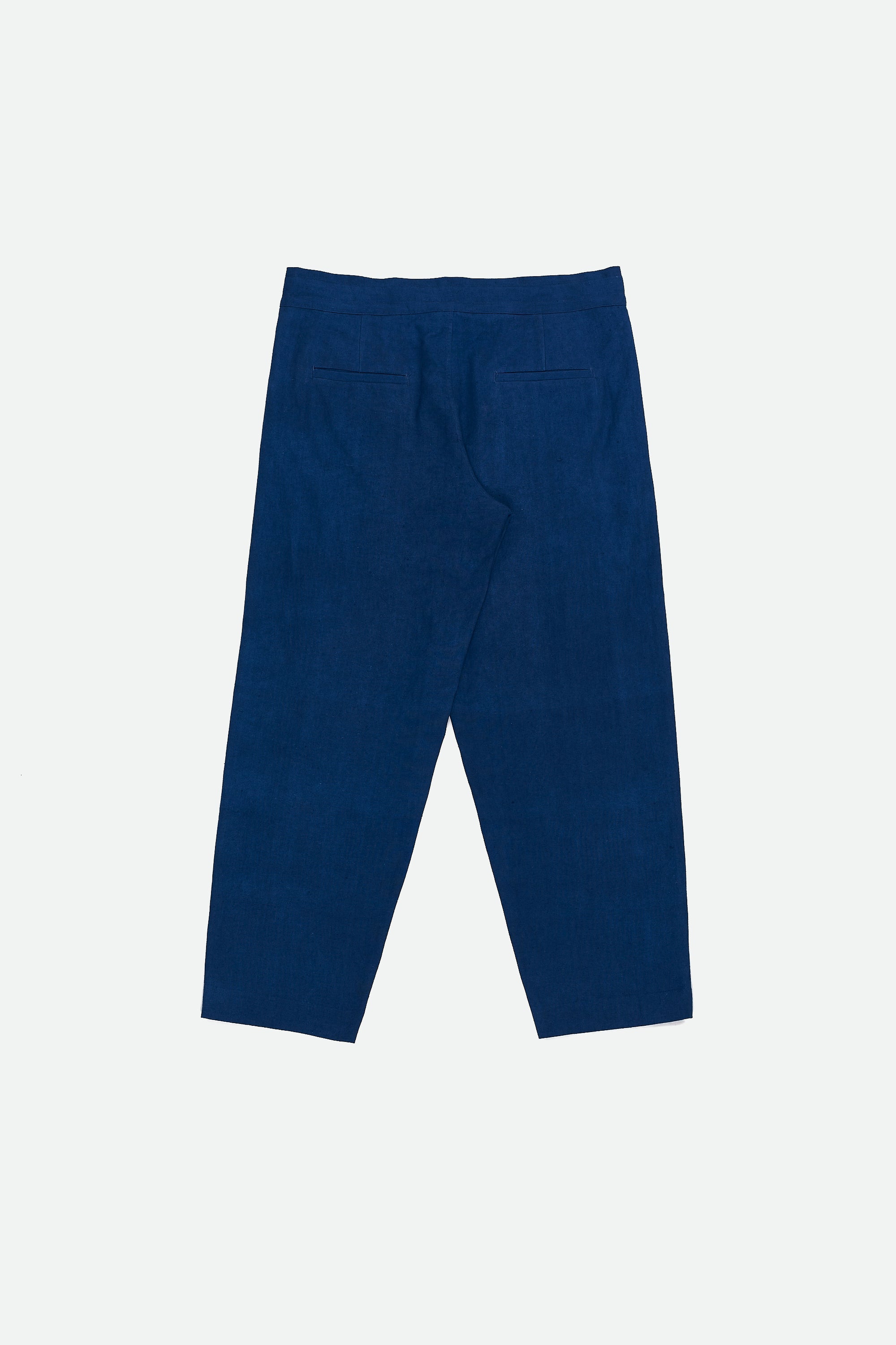 A back shot of a medium indigo pant