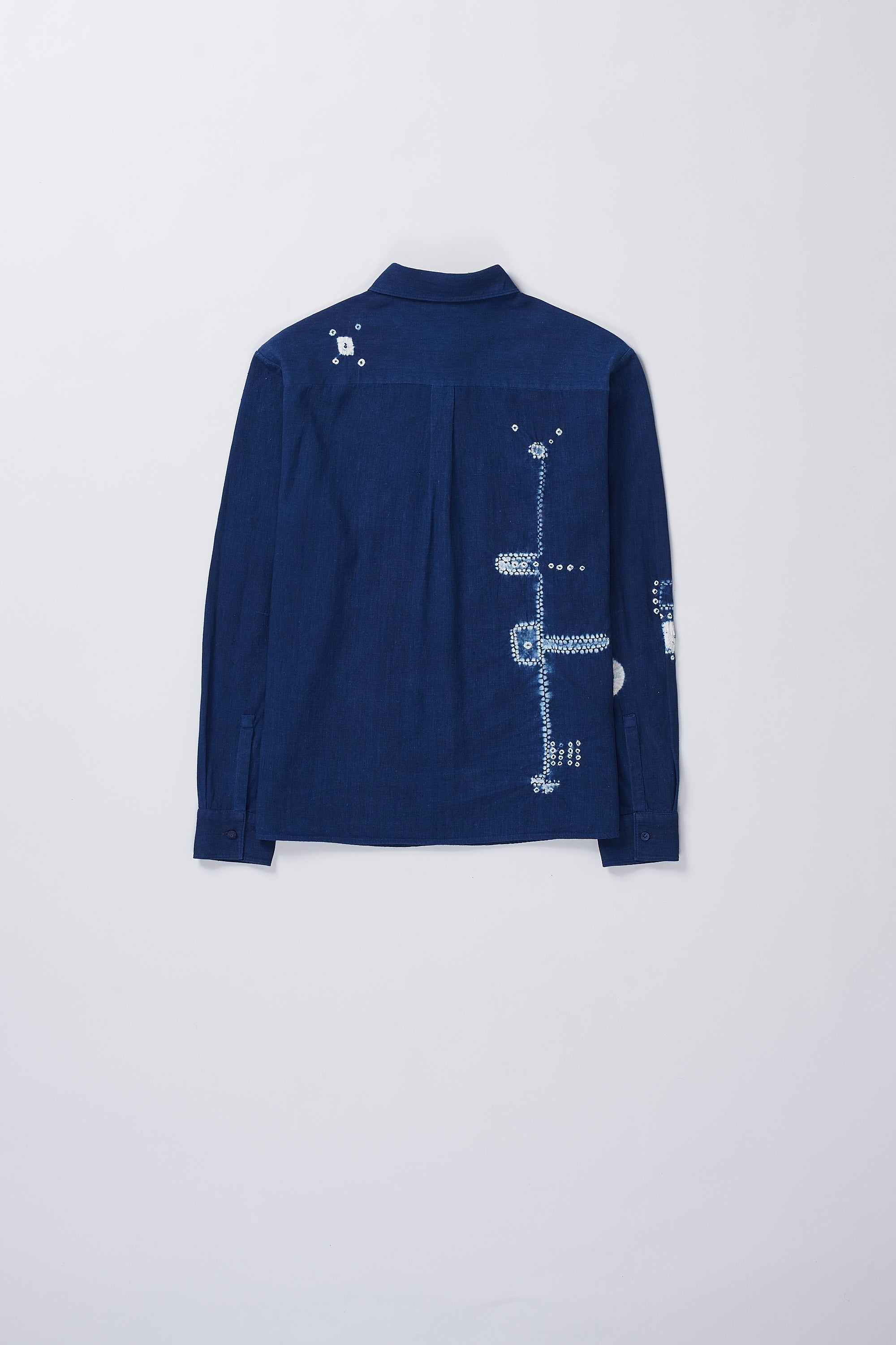 Back image of a medium indigo shirt