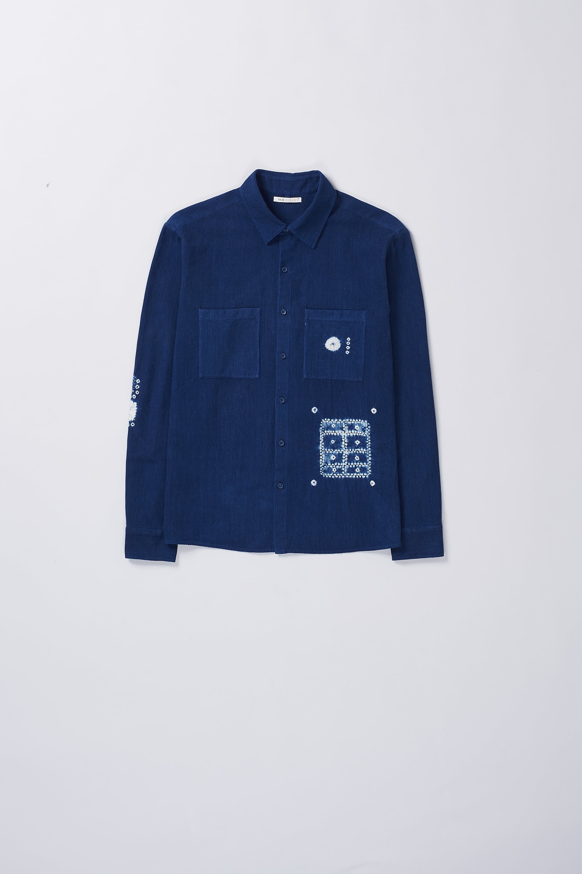 Front image of medium indigo cotton shirt