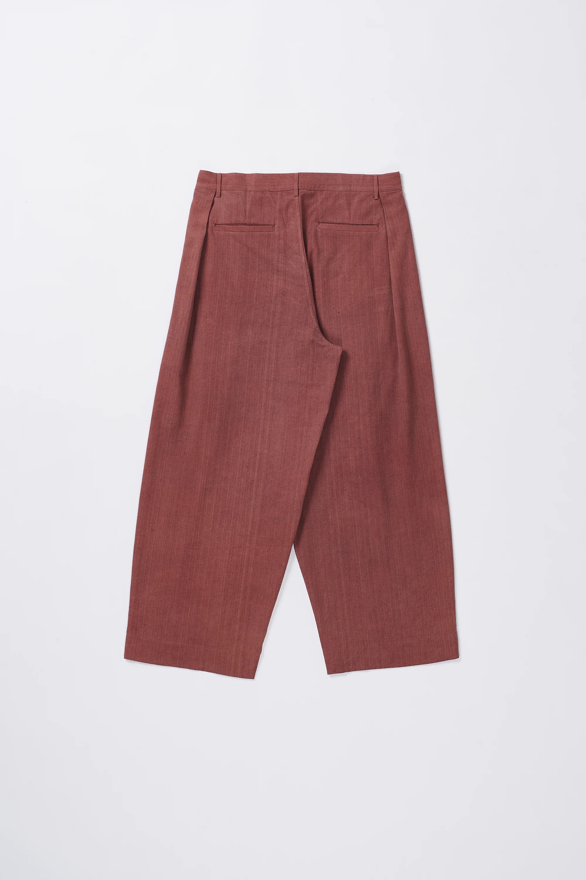 Back shot of Rogue pink pleated pants on a grey background