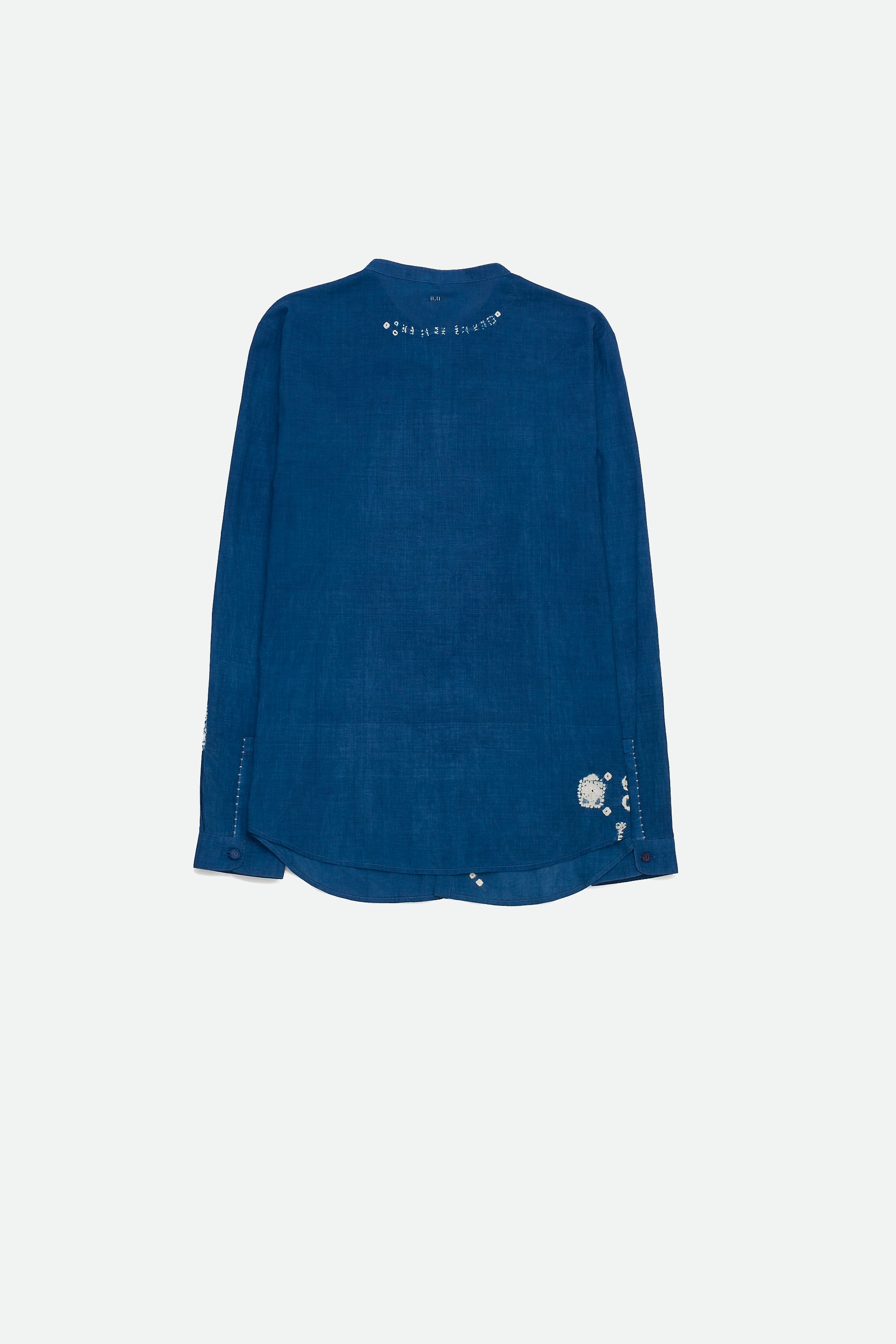 Back image of indigo shirt with bandhani and shibori work